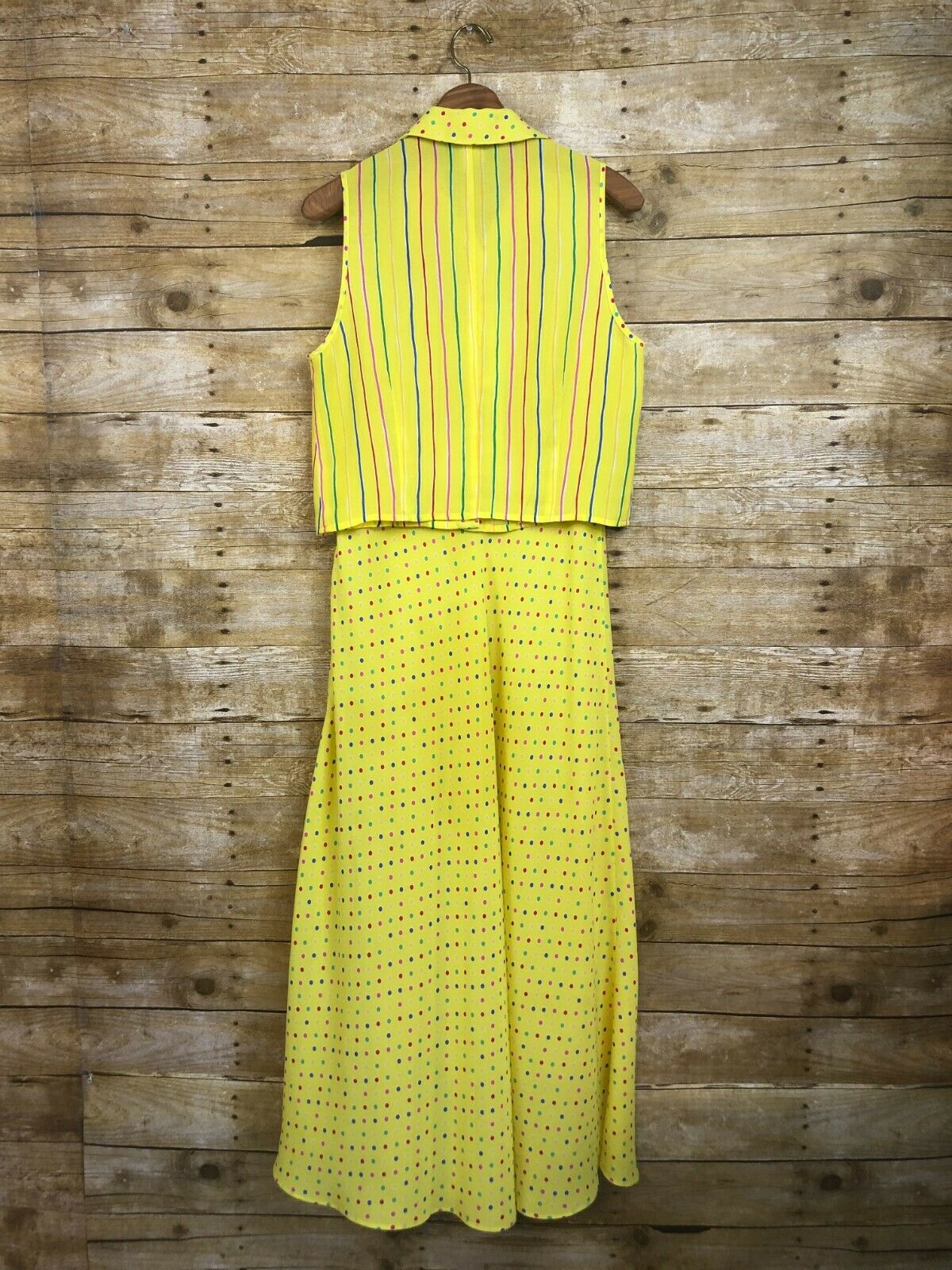 Vintage 90s 2 Piece Set Midi Skirt Yellow Striped Polka Dot Bright Rainbow Small - Fresh Stock Dated December 2025
