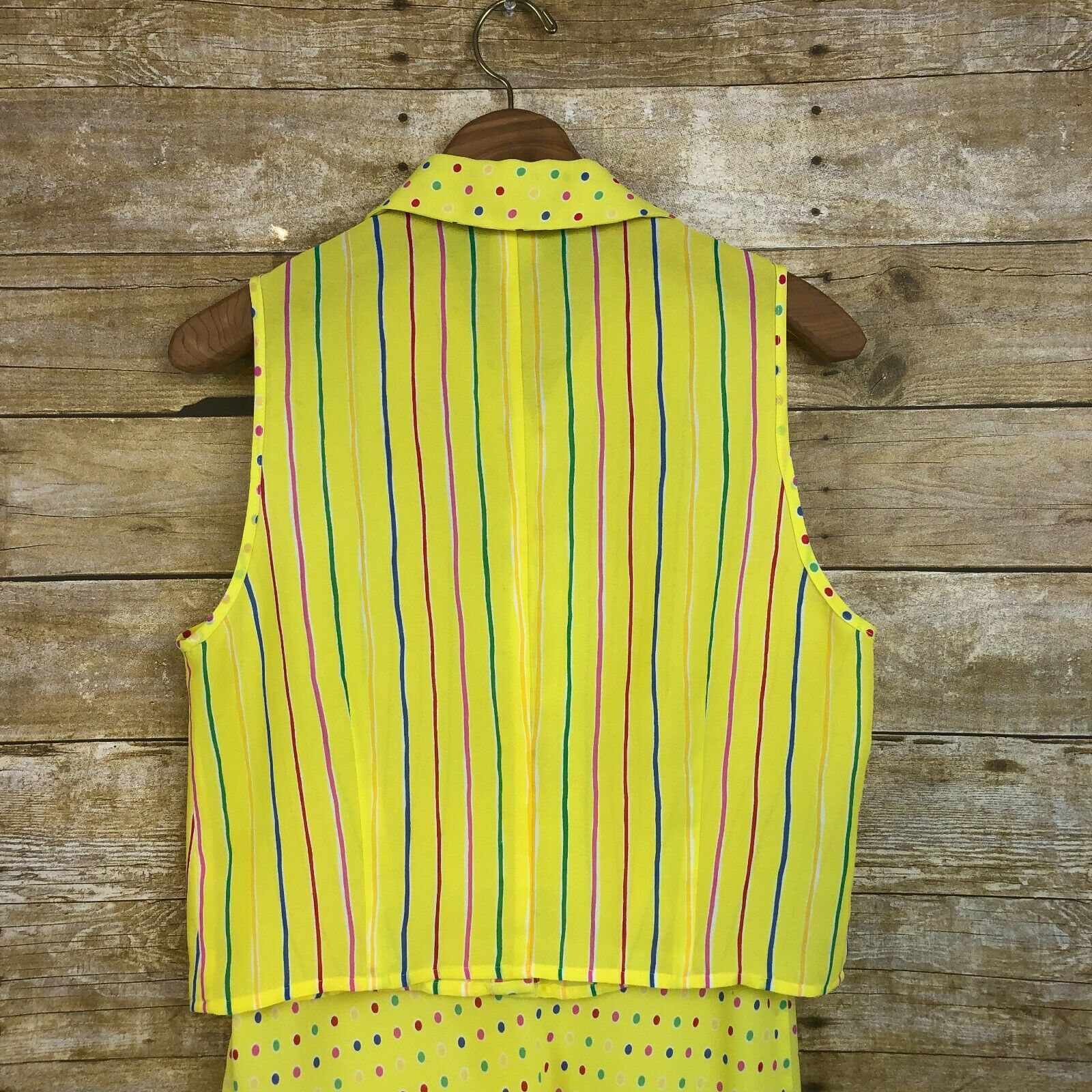 Vintage 90s 2 Piece Set Midi Skirt Yellow Striped Polka Dot Bright Rainbow Small - Fresh Stock Dated December 2025