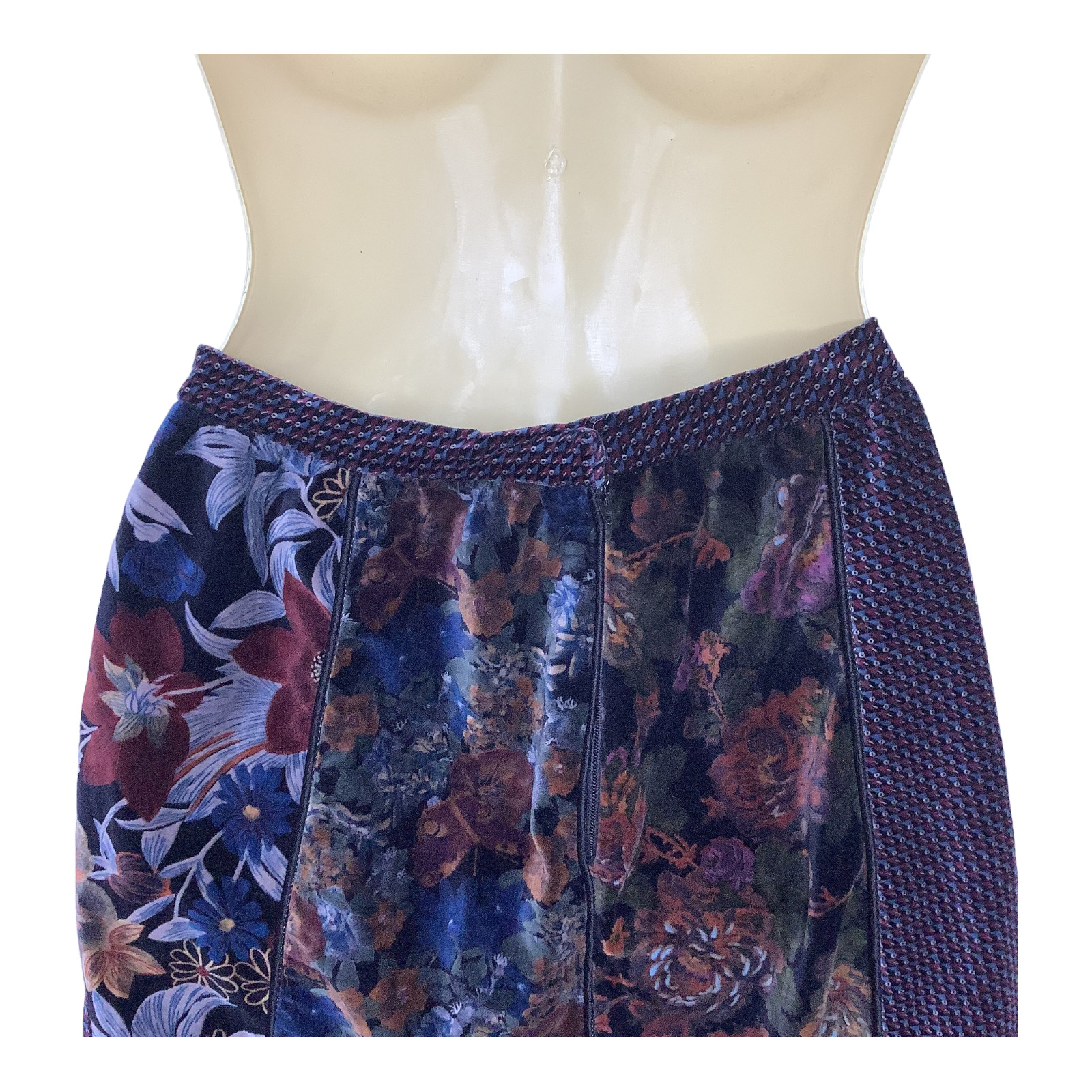 Vintage Skirt XS Velvet Patchwork Floral A Line Cottagecore Prairie Midi Zip 70s - Fresh Stock Dated March 2026