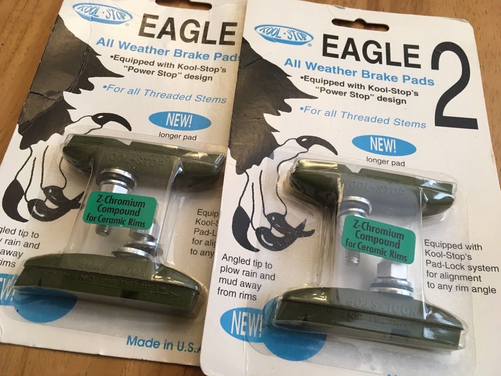 New 2 pair Kool Stop Eagle 2 threaded brake pads Green all weather Ceramic Rims - Fresh Stock Dated February 2026