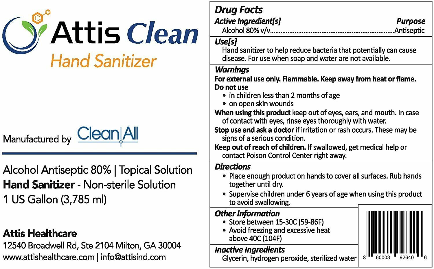 Attis Clean Premium Liquid Hand Saniti - 1 Gallons 128 oz 80% Alcohol - USA Made - Fresh Stock Dated February 2026