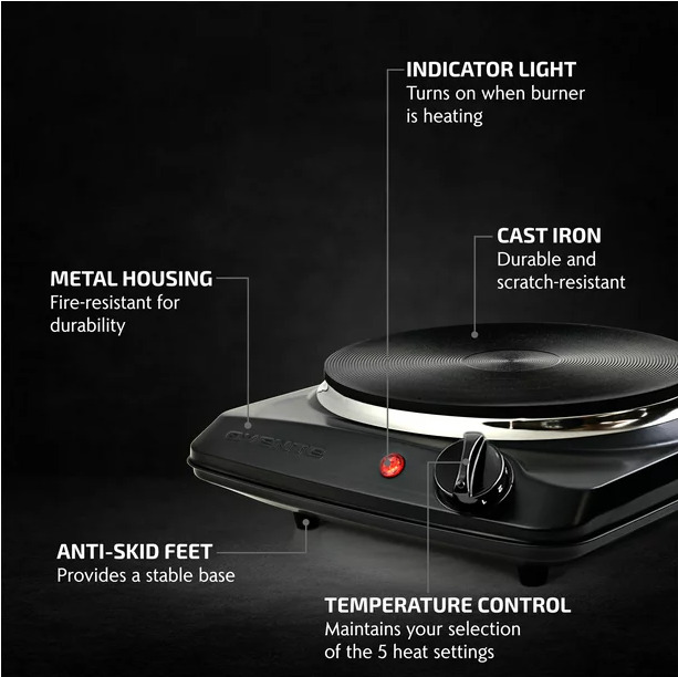 Ovente Electric Cast Iron Burner 7 Inch Single Hot Plate Compact Cooktop BGS101B - Fresh Stock Dated February 2026