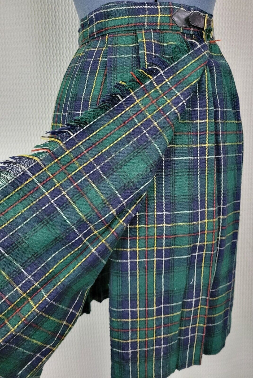 Vintage Green & Blue Plaid Wool Blend Wrap Skirt with Buckle - Fresh Stock Dated March 2026