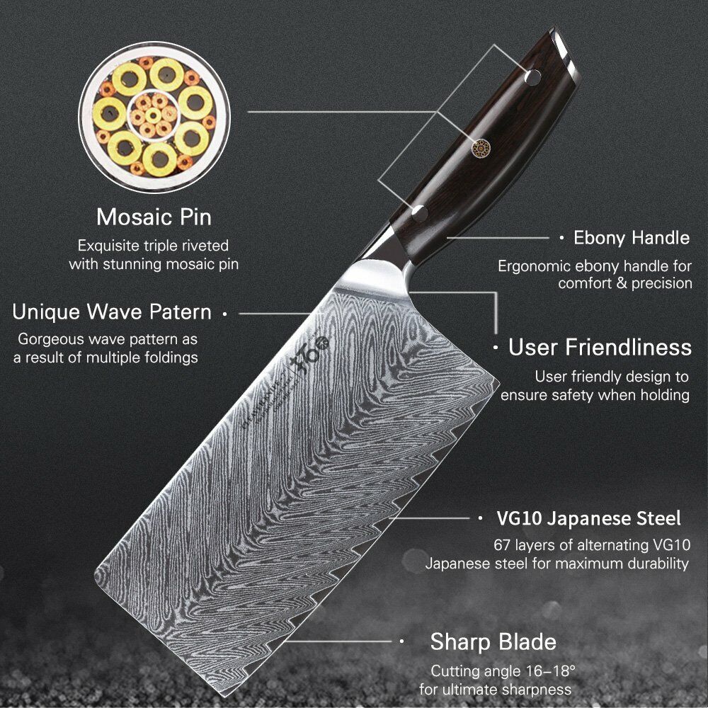 TURWHO 7in Chef Chopper Kitchen Cleaver Knife Japanese VG10 Damascus Steel Knife - Fresh Stock Dated December 2025