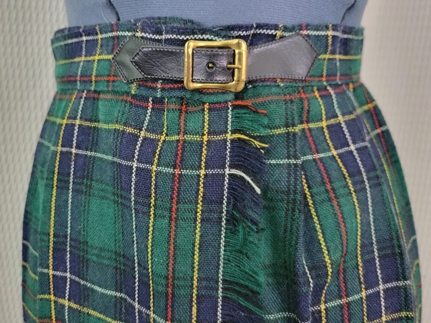 Vintage Green & Blue Plaid Wool Blend Wrap Skirt with Buckle - Fresh Stock Dated March 2026