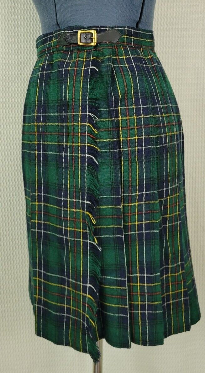 Vintage Green & Blue Plaid Wool Blend Wrap Skirt with Buckle - Fresh Stock Dated March 2026