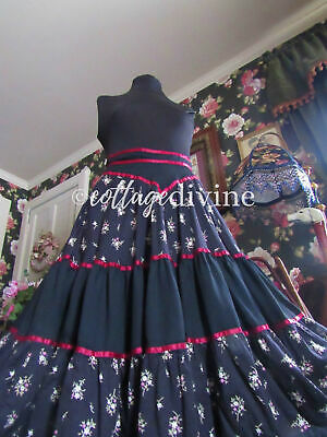 Gothic Black Wine Floral Vtg Gunne Sax Gunnies 1970s Rayon Tiered Prairie Skirt - Fresh Stock Dated February 2026