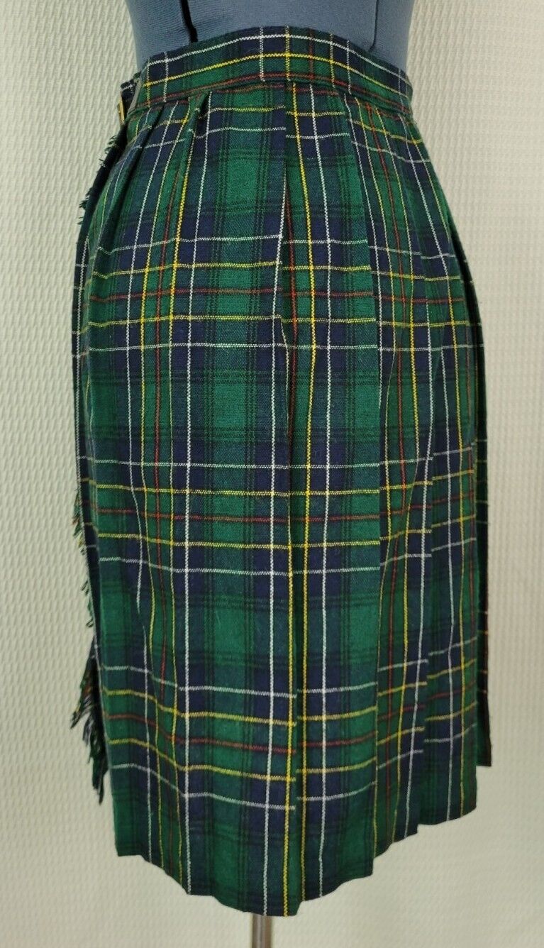 Vintage Green & Blue Plaid Wool Blend Wrap Skirt with Buckle - Fresh Stock Dated March 2026