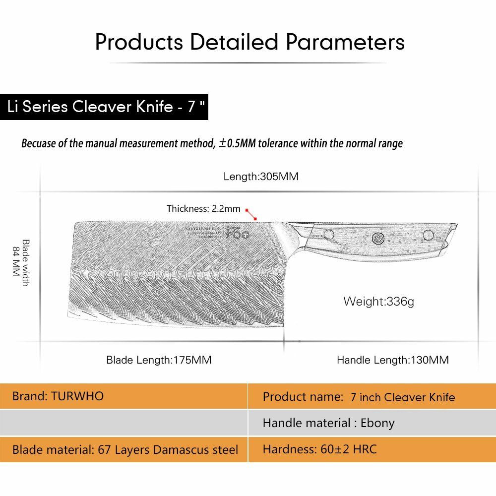 TURWHO 7in Chef Chopper Kitchen Cleaver Knife Japanese VG10 Damascus Steel Knife - Fresh Stock Dated December 2025
