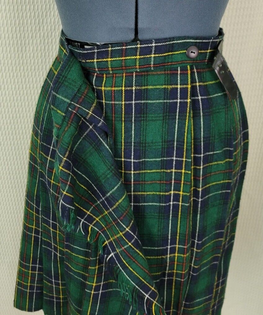 Vintage Green & Blue Plaid Wool Blend Wrap Skirt with Buckle - Fresh Stock Dated March 2026