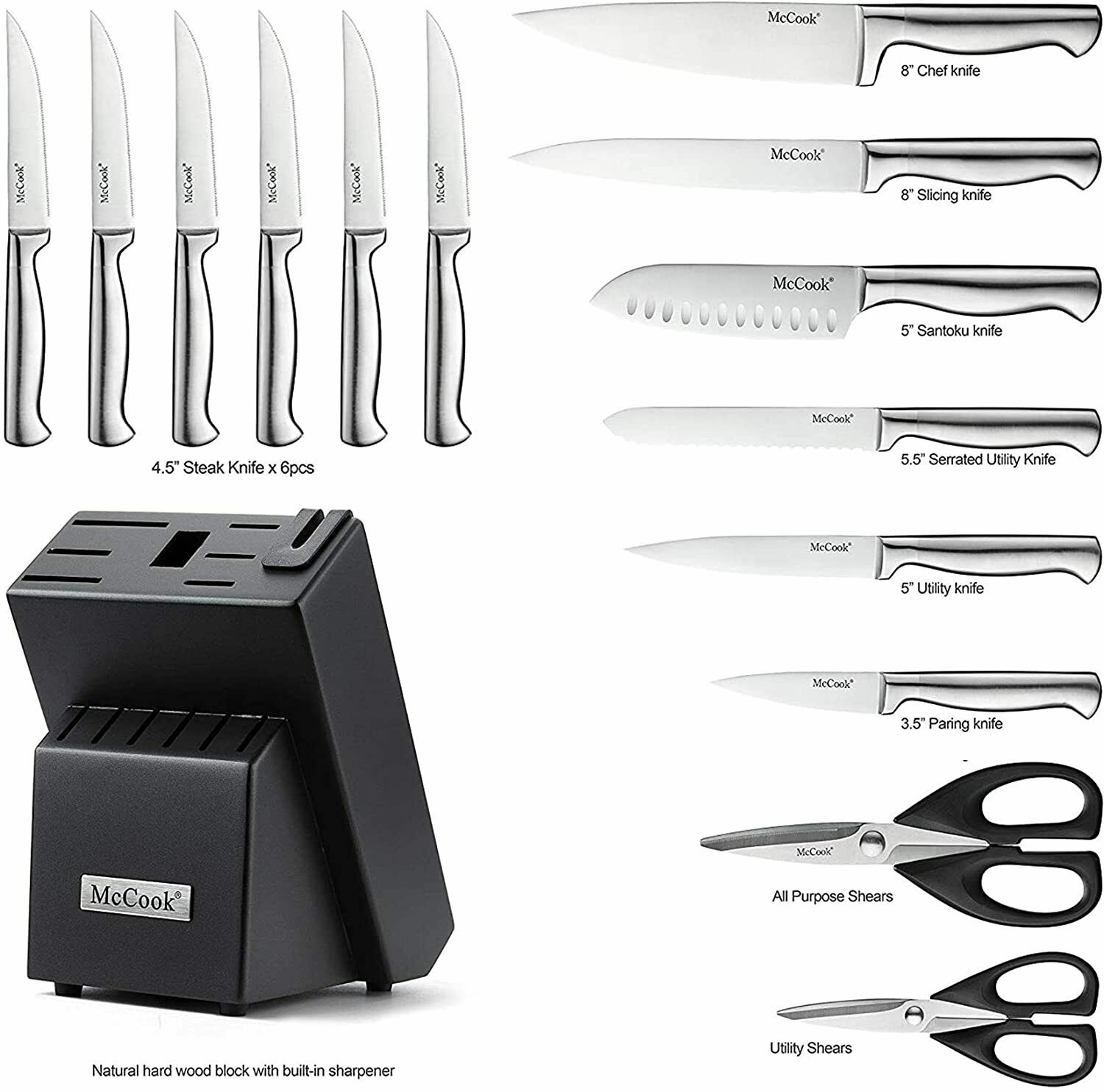 McCook 15PCS Kitchen Knife Set with Block Stainless Steel Built-in Sharpener - Fresh Stock Dated December 2025