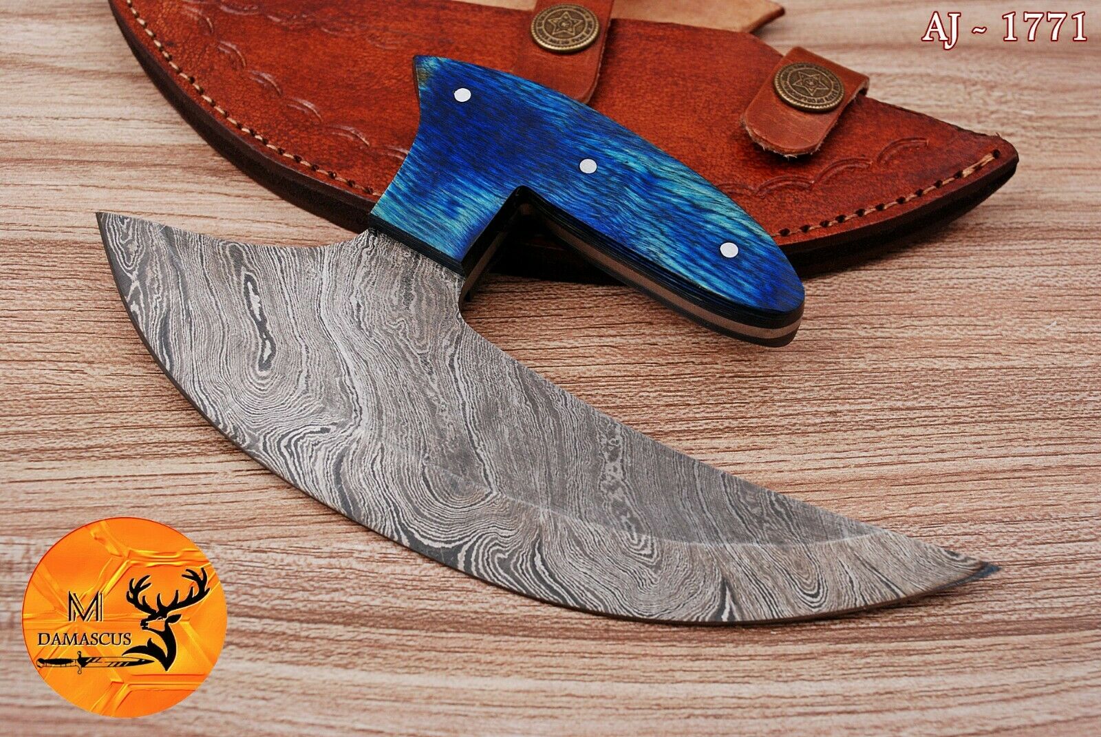 HAND FORGED DAMASCUS STEEL ULU CHEF KNIFE WITH WOOD HANDLE - AJ 1771 - Fresh Stock Dated January 2026