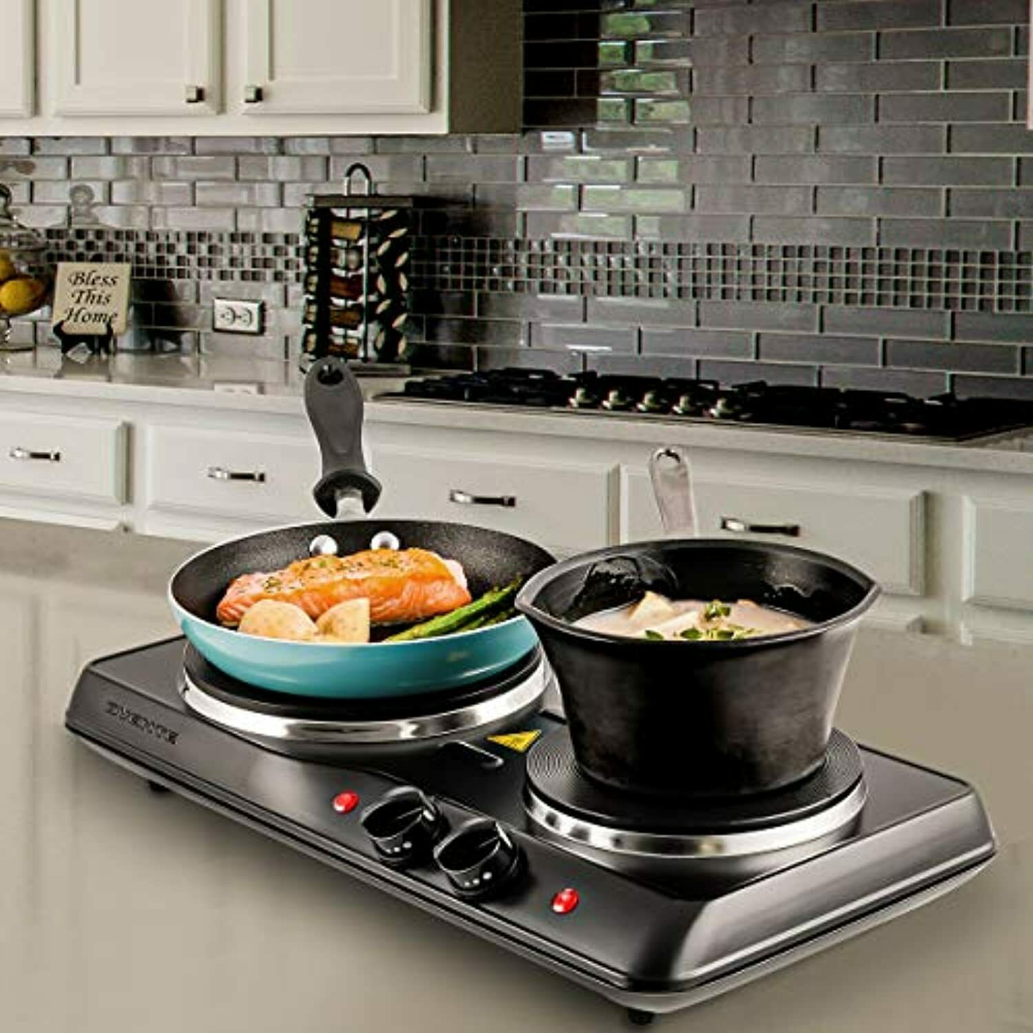1700W Double Hot Plate Electric Countertop Cast Iron Burner, with 6 & 7 Inch Pla - Fresh Stock Dated December 2025