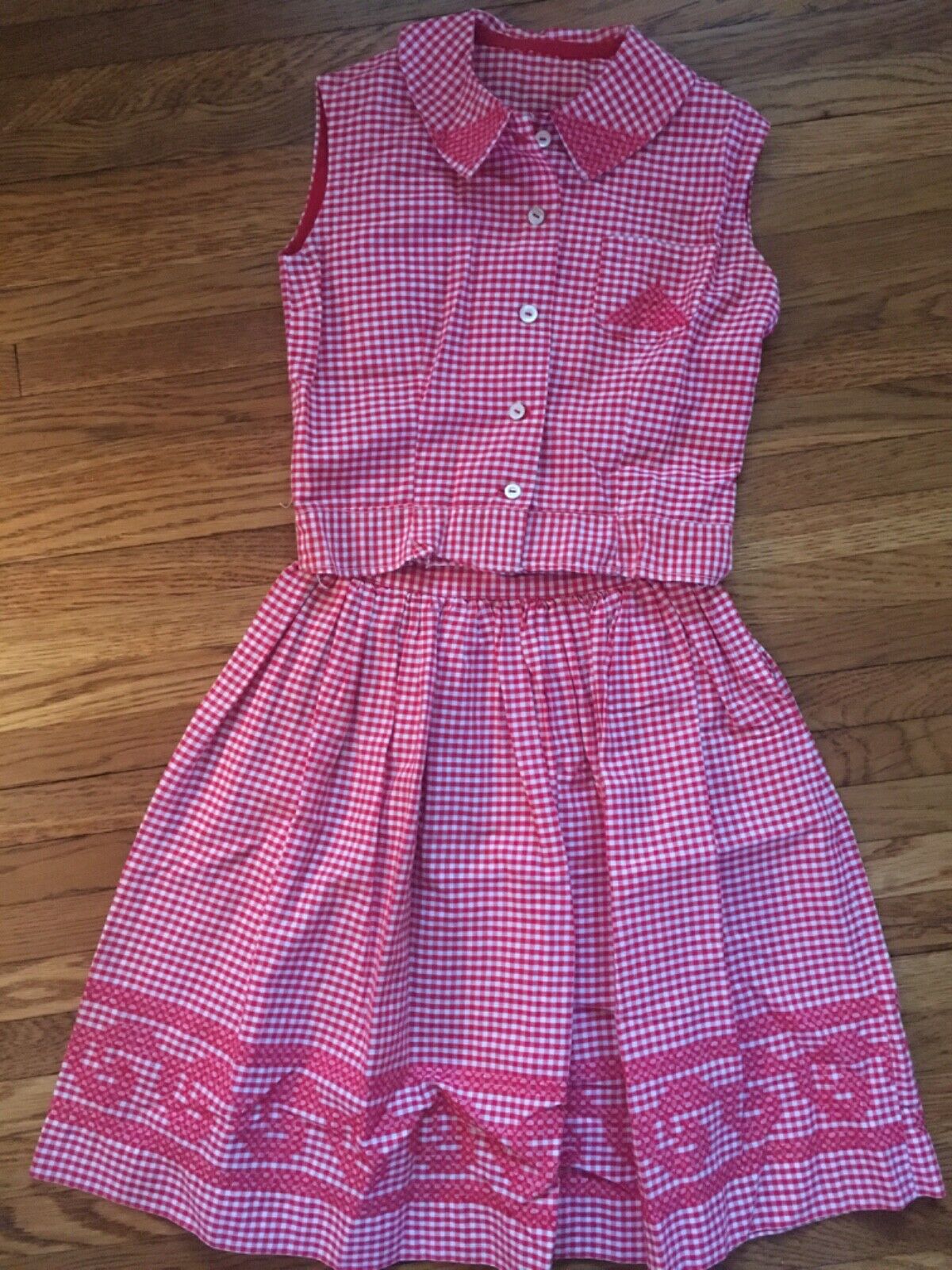 Vtg 1950s GINGHAM CHECK Cross-Stitched Skirt & blouse pre-teen size hand made - Fresh Stock Dated March 2026