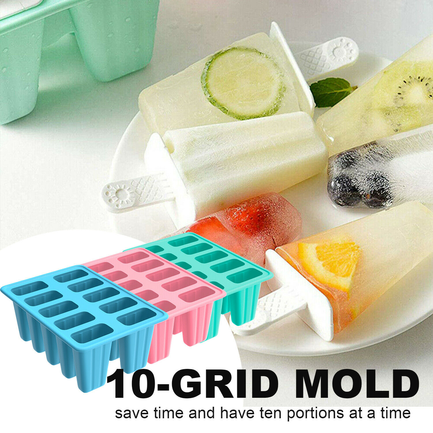 New Silicon 10Cell Ice Cream Mold DIY Frozen Popsicle Kitchen Ice Tray Cover Lid - Fresh Stock Dated December 2025