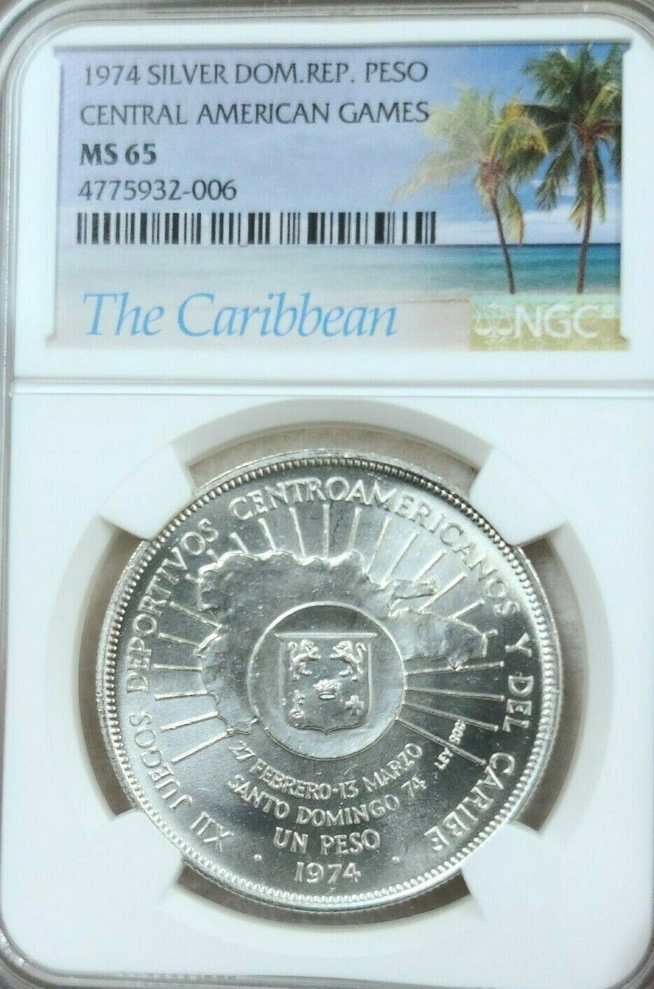 1974 DOMINICAN REPUBLIC SILVER 1 PESO CENTRAL AMERICAN GAMES NGC MS 65 GEM BU - Fresh Stock Dated February 2026