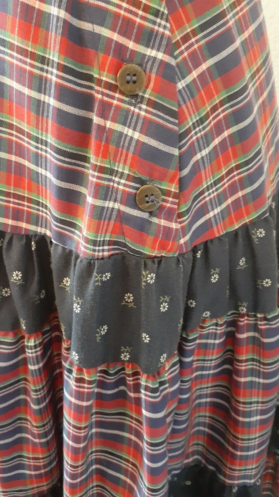 Vintage Tiered Prairie Skirt Blue Plaid Ruffle Hippie Boho 24