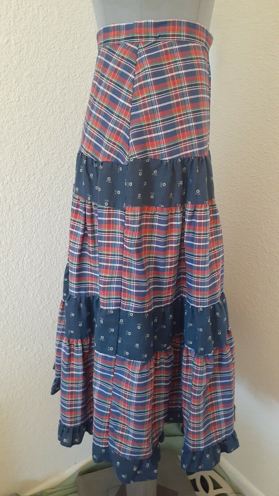 Vintage Tiered Prairie Skirt Blue Plaid Ruffle Hippie Boho 24