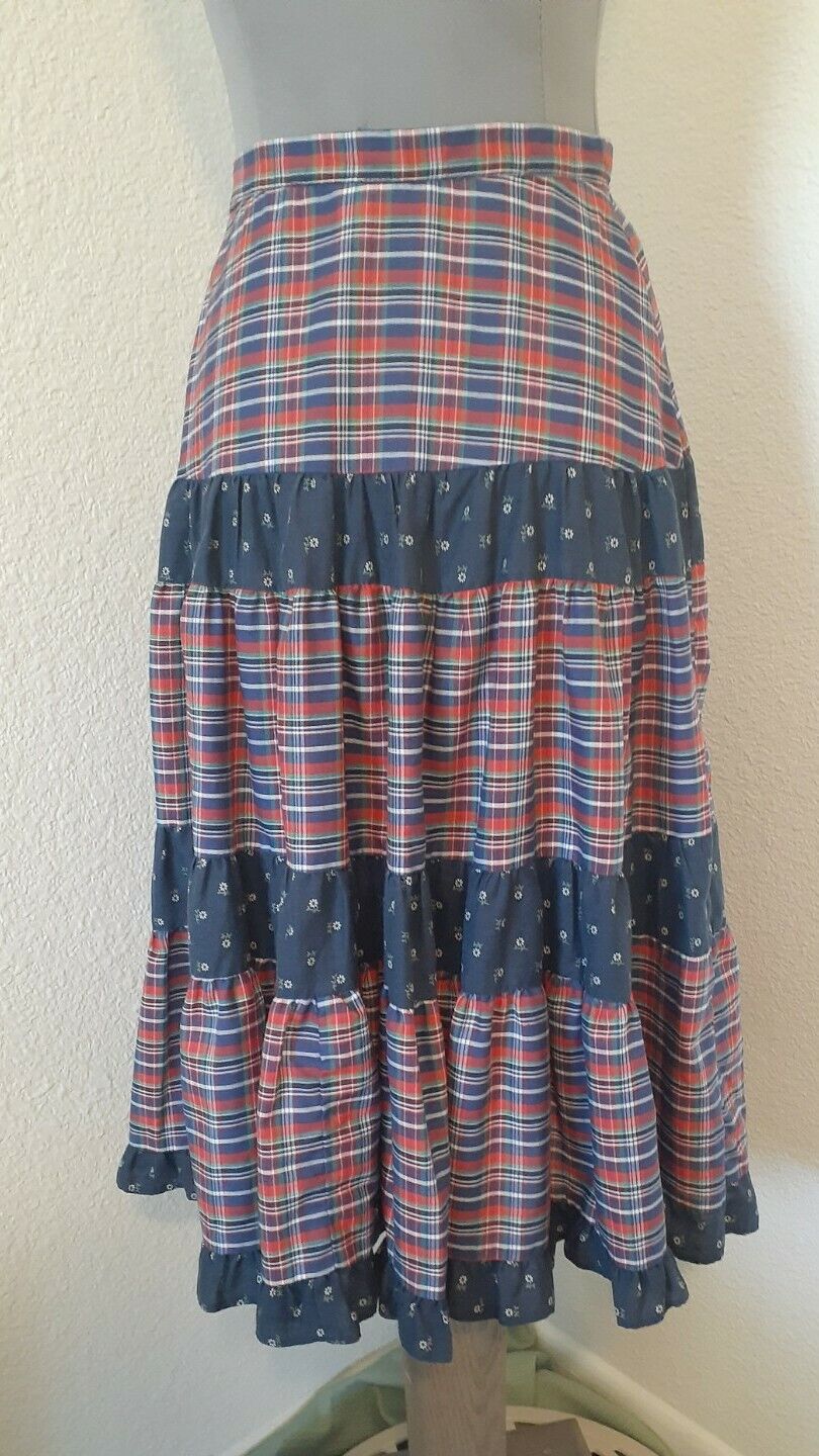 Vintage Tiered Prairie Skirt Blue Plaid Ruffle Hippie Boho 24