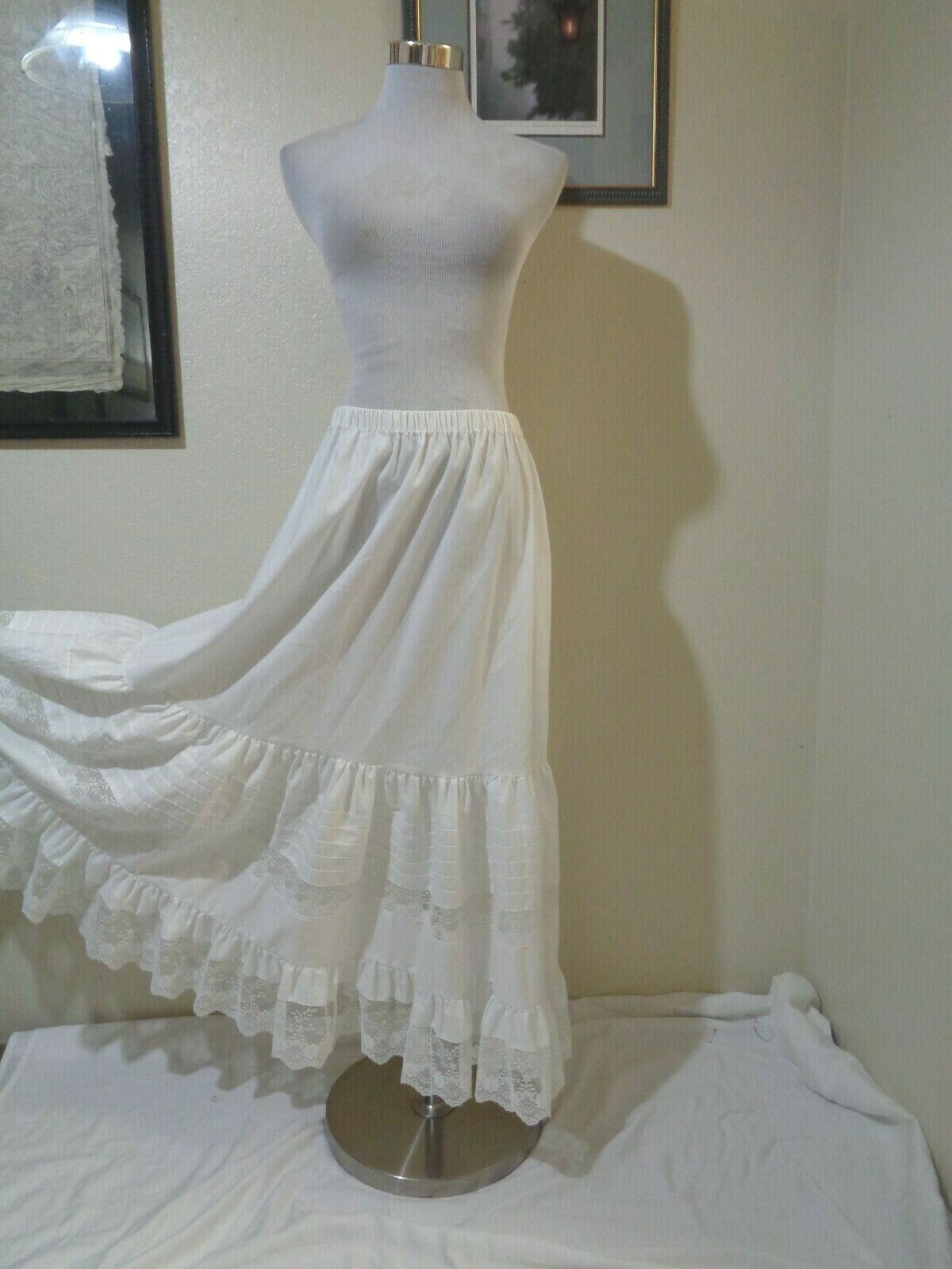 VINTAGE AVON FASHIONS WHITE LACE TRIMMED TIERED PRAIRIE BOHO LONG SKIRT SZ M - Fresh Stock Dated February 2026