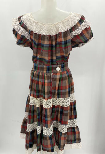 Vintage Peasant Skirt + Top Mexican Prairie Cottage Core Plaid Lace Festival - Fresh Stock Dated February 2026