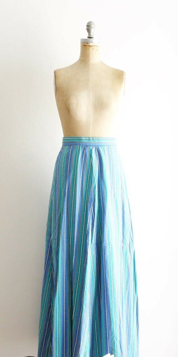Vintage 1970s Blue Stripe Maxi Skirt 70s XS S Small Cotton Boho Festival Long - Fresh Stock Dated February 2026