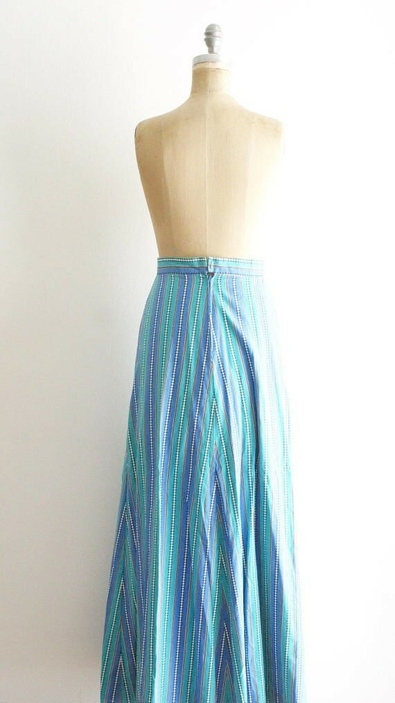 Vintage 1970s Blue Stripe Maxi Skirt 70s XS S Small Cotton Boho Festival Long - Fresh Stock Dated February 2026