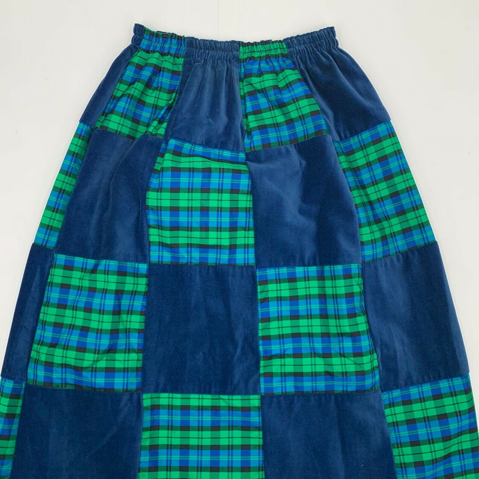 Vintage 70s Patch Work Maxi Skirt S Small Blue Plaid Pattern Hippy Festival Boho - Fresh Stock Dated March 2026
