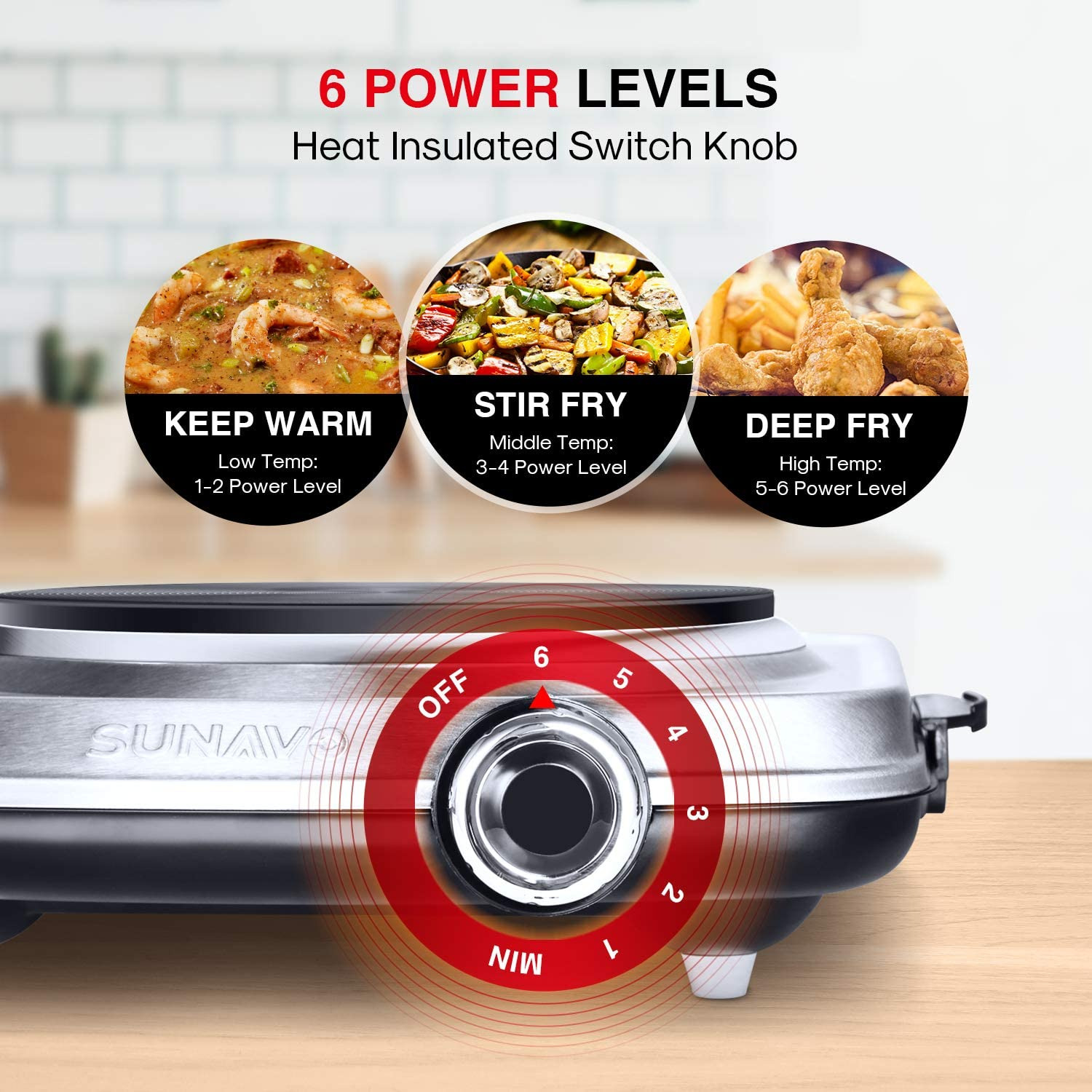 SUNAVO 1500W Hot Plates for Cooking, Electric Single Burner with Handles, 6 Powe - Fresh Stock Dated February 2026