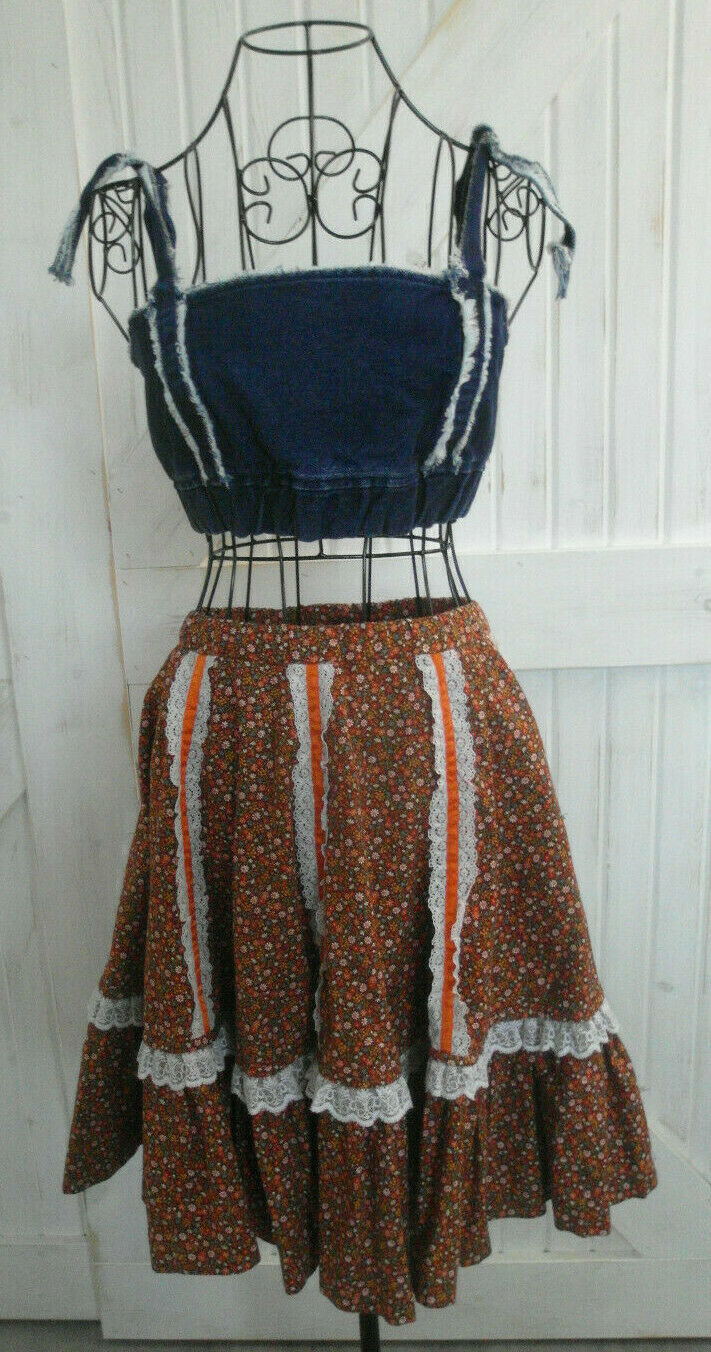 Vintage Brown White Orange Calico Floral Cottagecore Prairie Circle Mini Skirt - Fresh Stock Dated February 2026