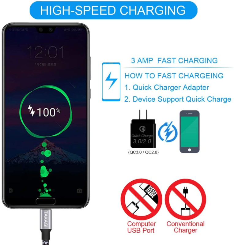 USB Type C Cable 3A Fast Charging, TAKAGI (3-Pack 6feet) USB-A to USB-C Gray - Fresh Stock Dated February 2026