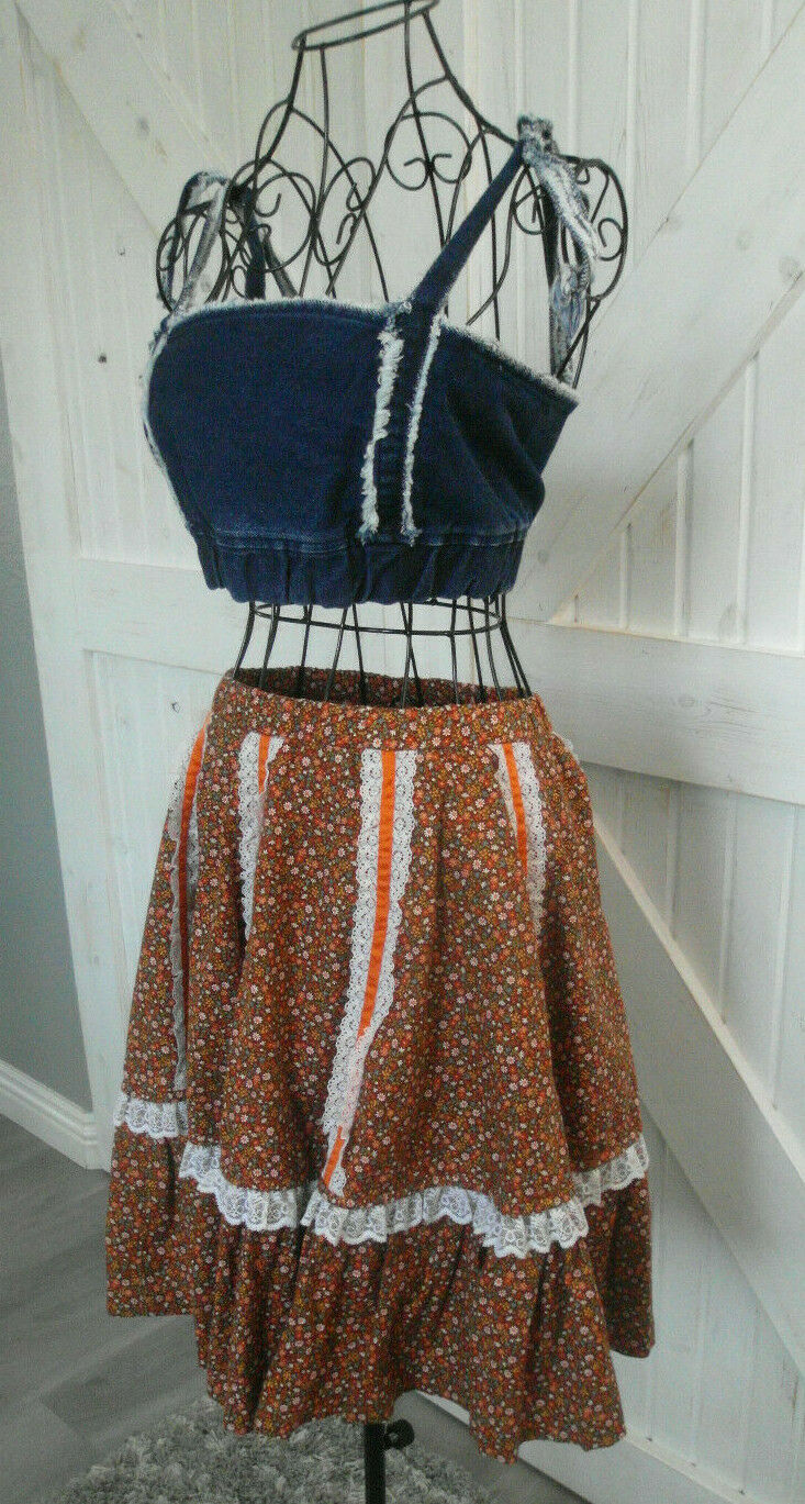 Vintage Brown White Orange Calico Floral Cottagecore Prairie Circle Mini Skirt - Fresh Stock Dated February 2026