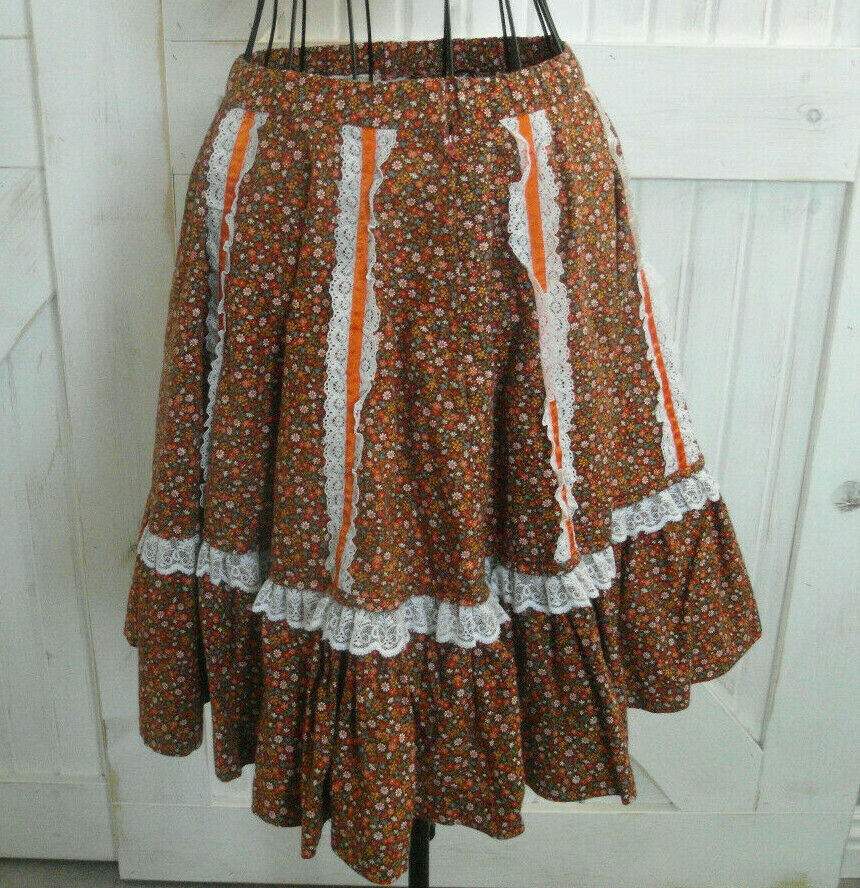 Vintage Brown White Orange Calico Floral Cottagecore Prairie Circle Mini Skirt - Fresh Stock Dated February 2026