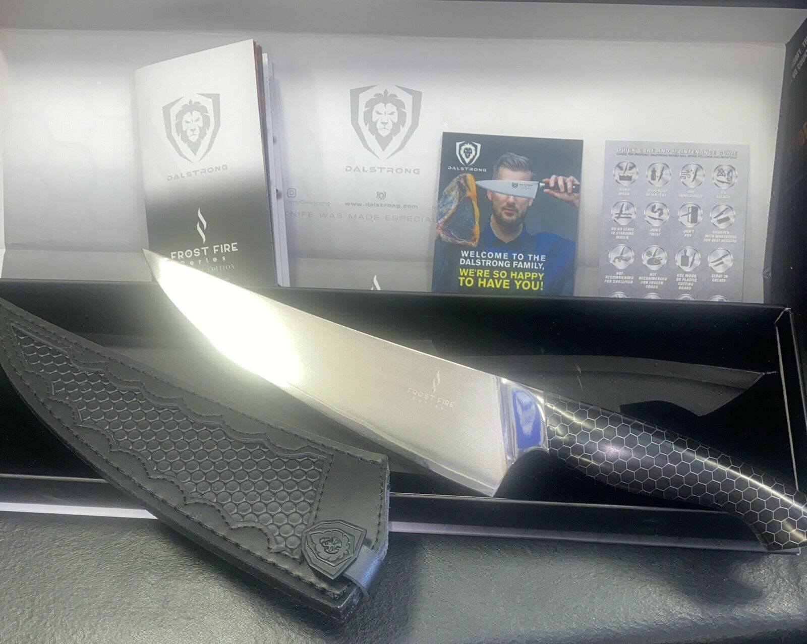 Dalstrong Frost Fire Series 8” Chef Knife w Honeycomb Handle Design Sheath - Fresh Stock Dated December 2025