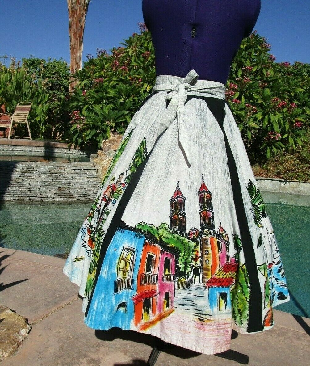 Vintage 1950s Mexican handpainted circle skirt S/M 26-28
