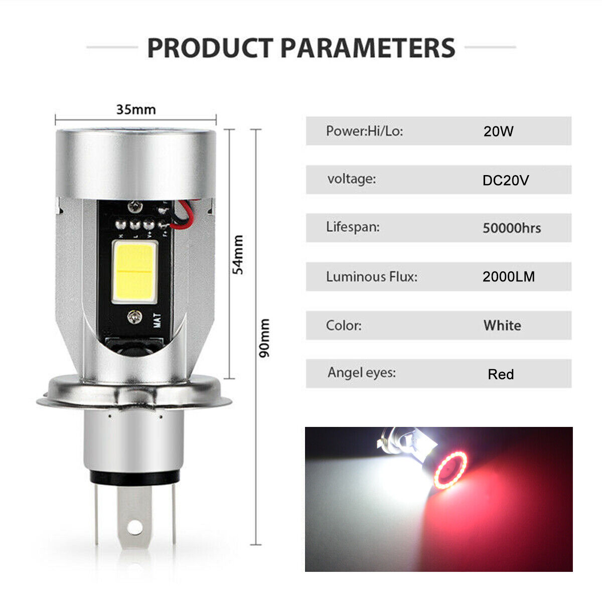 H4 HB2 9003 Motorcycle LED Headlight Kit Hi/Lo Bulb 2000LM With Red Halo Rings O - Fresh Stock Dated February 2026