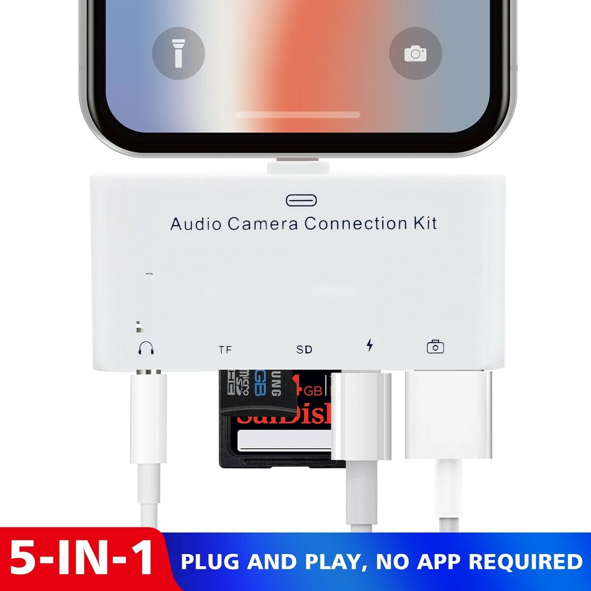 5-IN-1 Adapter Lightning Port to 5 ports Hub to Charge, Listen, Extended Storage - Fresh Stock Dated February 2026