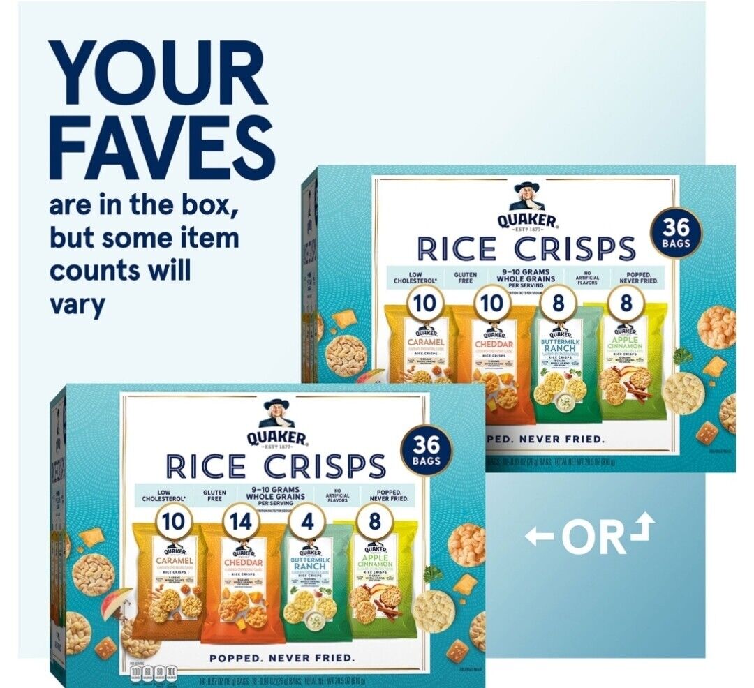 Quaker Rice Crisp Variety Pack 36 Count Snack NEW, Free Shipping! - Fresh Stock Dated February 2026