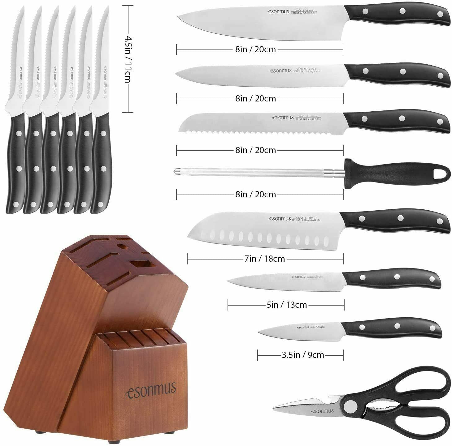 15-Pieces Kitchen Knife Set German Stainless Steel Chef Knives with Wooden Block - Fresh Stock Dated December 2025