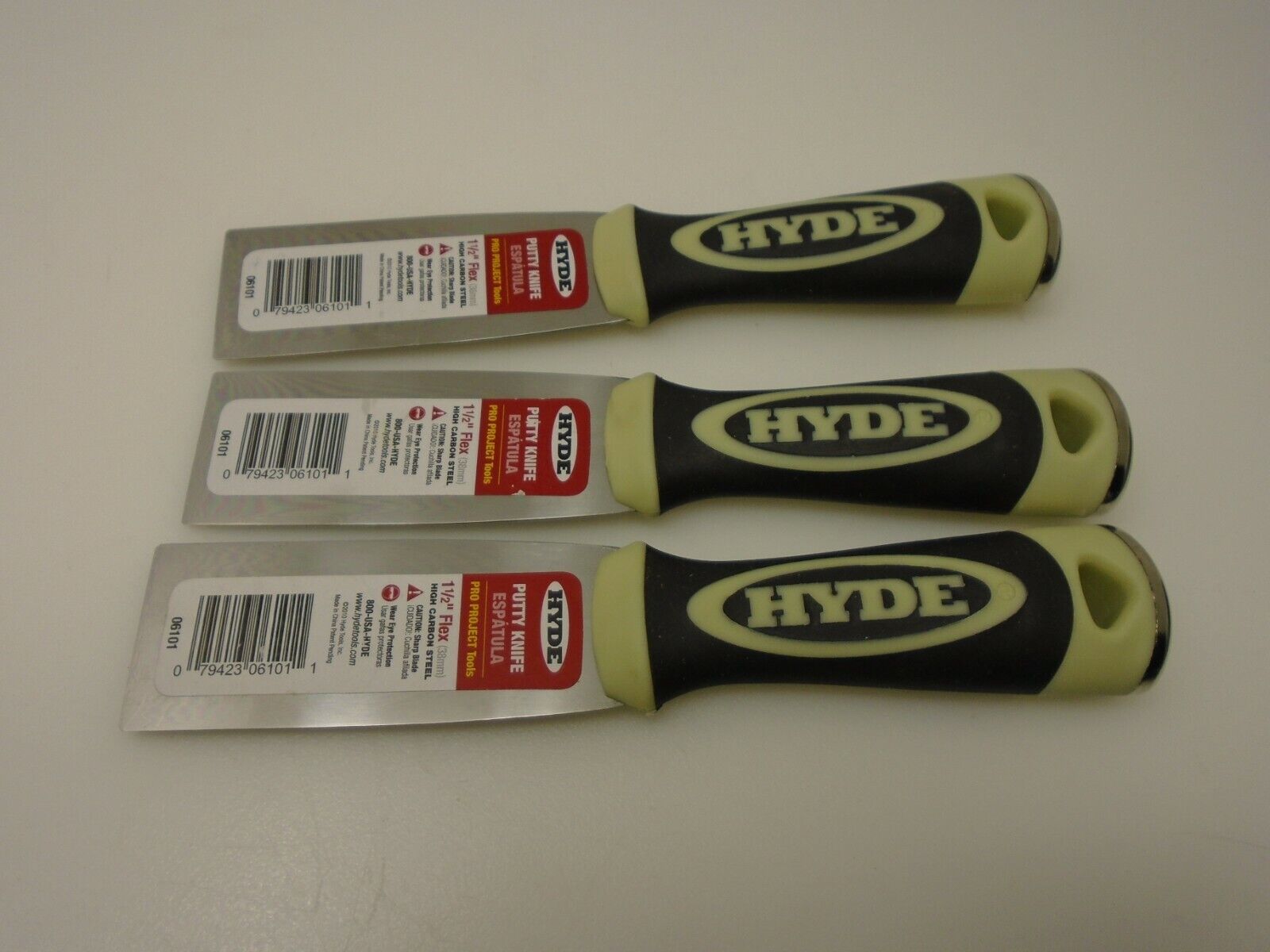 Hyde USA Pro Project Lot (3) 1.5 inch Putty Knives Flex High Carbon Steel Blades - Fresh Stock Dated February 2026