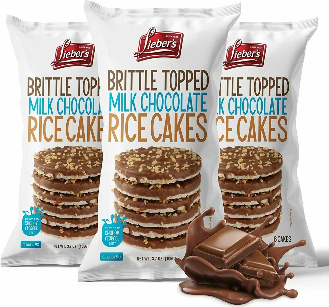 Lieber's Brittle Topped Milk Chocolate Rice Cakes, 3.7 oz (Pack of 12) - Fresh Stock Dated February 2026