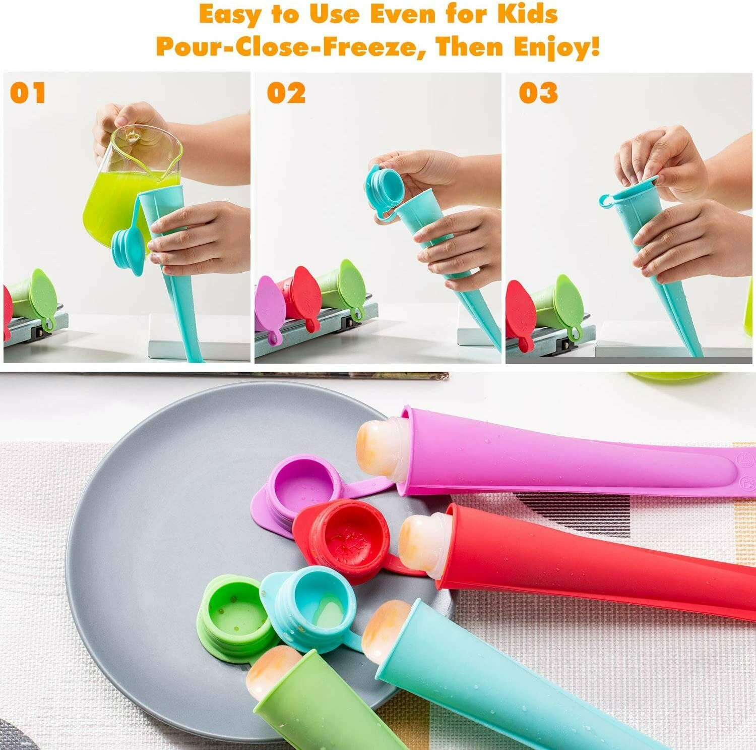 Silicone Ice Pop Molds for Kids with Lids, 8 Pieces Reusable with Cleaning Brush - Fresh Stock Dated February 2026