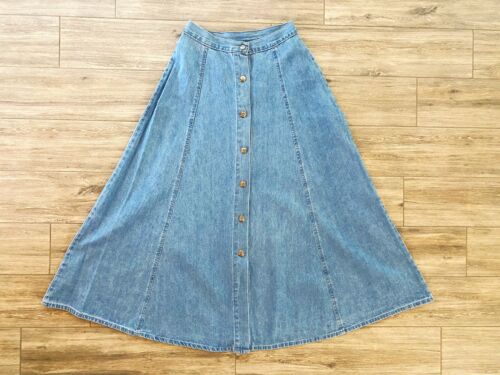 VTG 90'S FORENZA MIDI A-LINE DENIM SKIRT BUTTON FRONT MADE IN USA XS 24.5-25.5