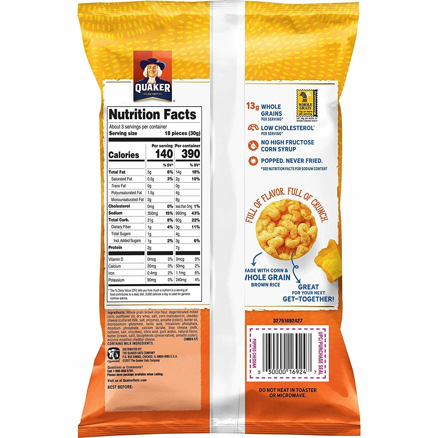 3 Pack Quaker Cheddar Rice Crisps ~ 3.03 oz ~ Best Before: Feb 2021 - Fresh Stock Dated December 2025