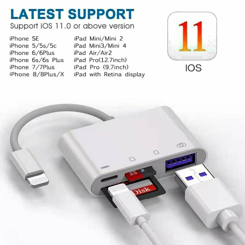 4in1 USB to Card Reader Adapter USB Camera Micro SD Memory Slot for iPhone iPad - Fresh Stock Dated February 2026