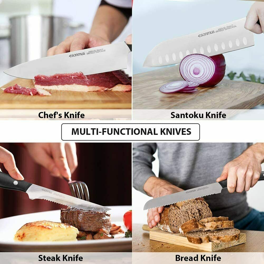15-Pieces Kitchen Knife Set German Stainless Steel Chef Knives with Wooden Block - Fresh Stock Dated December 2025