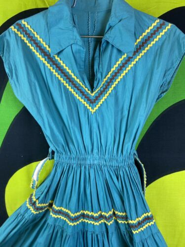 VTG 50s Mexican Turquoise Yellow Ribbon FULL SWEEP Circle Skirt PATIO Dress Sz S - Fresh Stock Dated February 2026