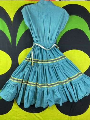 VTG 50s Mexican Turquoise Yellow Ribbon FULL SWEEP Circle Skirt PATIO Dress Sz S - Fresh Stock Dated February 2026