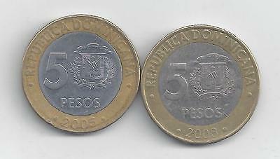 2 BI-METAL 5 PESO COINS from the DOMINICAN REPUBLIC - 2005 & 2008 (2 TYPES) - Fresh Stock Dated December 2025