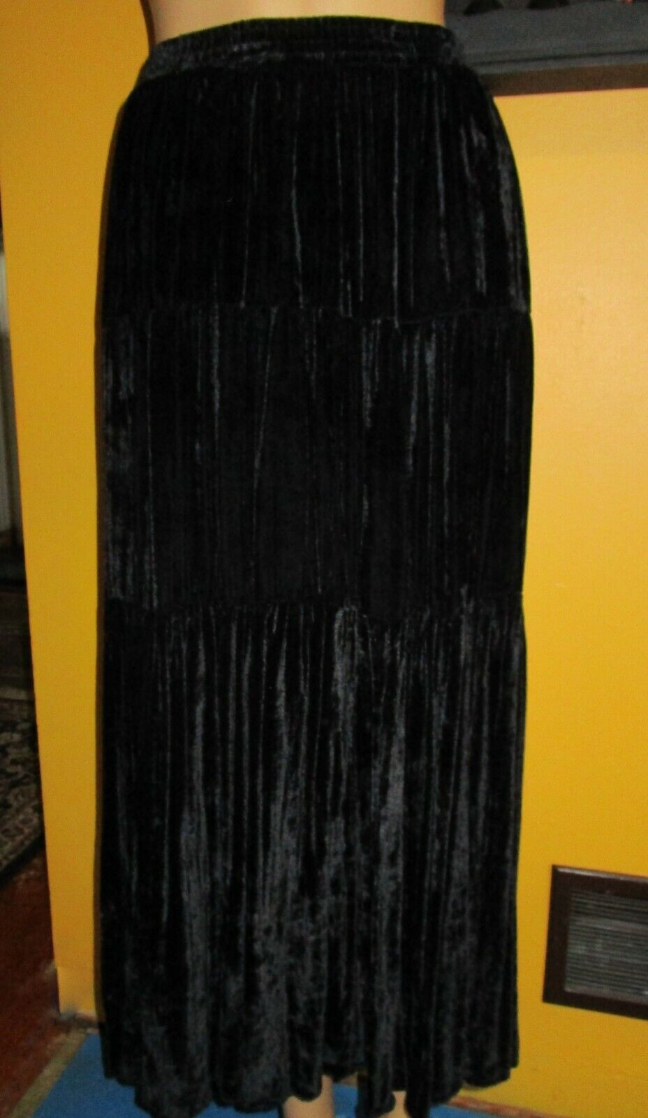 vintage 1980s Neo Nostalgia Long Black Rayon Velvet Skirt, Elastic Waist, Velour - Fresh Stock Dated March 2026